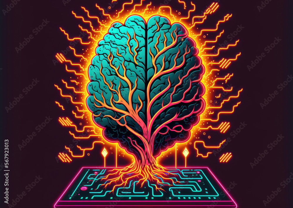 Poster electronic brain shaped circuit board with gyrus and the dangling ai sign. computer neural network o
