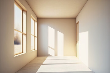 Obraz na płótnie Canvas Empty room with sand beige empty wall and sunlight through window in a room 3d mock up rendering illustration. Generative AI