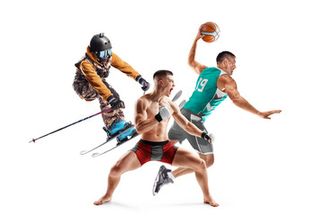 Fototapeta na wymiar MMA, skiing, basketball. Sport in action. Professional athletes. Sport collage. Isolated in white. Sport emotion