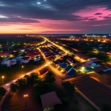 city ​​of soure, marajó, top view by a high resolution drone, futuristic scenery, dusk sky, realistic image, photography style