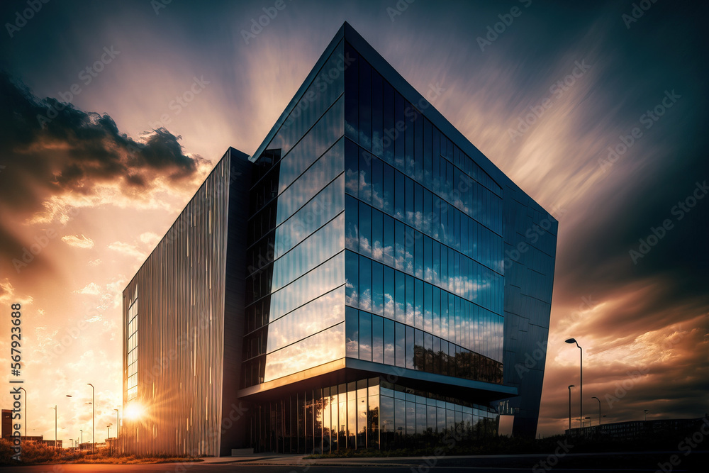 Wall mural positive outlook for the economy. a contemporary office building and a gorgeous sky. generative ai