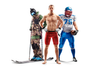 Sport collage. MMA, skiing, american football. Professional athletes. Isolated in white
