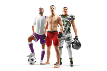 Sport collage. MMA, soccer, american football. Professional athletes. Isolated in white