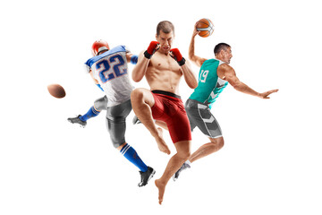 Fototapeta na wymiar Sport in action. MMA, american football, basketball. Professional athletes. Sport collage. Isolated in white