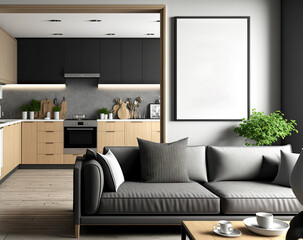 Interior of a modern kitchen and living room. Concept for a studio flat. Grey sofa, black oak sideboard, and one white empty framed poster are the only furnishings on the wooden wall. A mockup