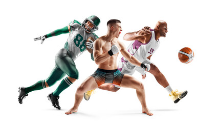 Sport in action. MMA, american football, basketball. Sport emotion. Professional athletes. Sport collage. Isolated in white