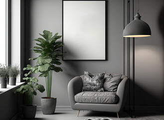 interior design idea in gray with mock up poster. Generative AI