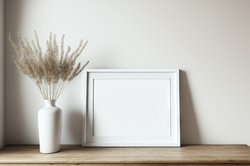 Mockup of a horizontal white frame on an antique wooden table and bench. Lagurus ovatus grass dried in a contemporary ceramic vase. white wall as a backdrop Scandinavian style decor. selective attenti