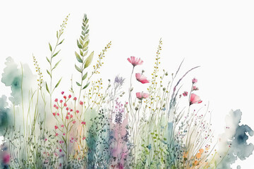 Meadow in summer. Horizontal border of adorable watercolor flowers on a white background. Drawing for a card, border, banner, or other design of yours. Generative AI - obrazy, fototapety, plakaty