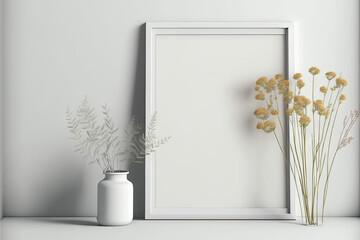Landscape frame mockup in white minimalistic interior with dry flowers in vase. Generative AI
