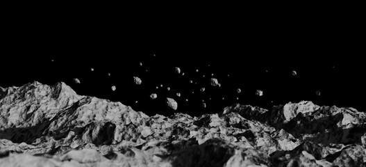 Space background. ground of meteorite rock, stone asteroid rough mountain surface light shadow float outer galaxy planet dark black white. Astronomy cosmos abstract. Wallpaper banner. 3D Illustration. © chawalit