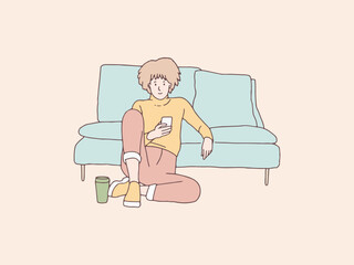 Curly woman with smartphone relaxing on sofa simple korean style illustration
