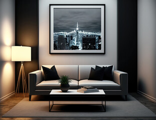 Front view of a contemporary living room that features furniture, a nighttime city view, and empty photo frames on the wall. a mockup. Generative AI