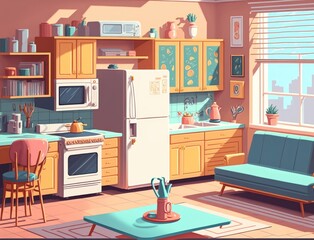 Kitchen and living room, apartment interior. Generative AI