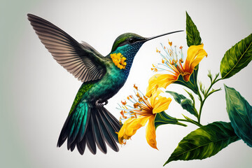 Blue and green Hummingbird Anthracothorax nigricollis, the black throated mango, flying next to a lovely yellow flower. Generative AI