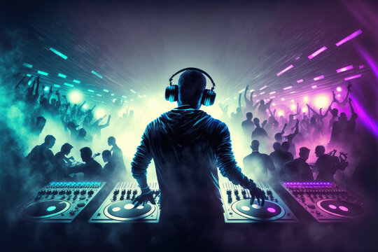 DJ playing and mixing music in nightclub party at night . EDM dance music club with crowd of young people celebrating the energetic youth lifestyle .. Peculiar AI generative image.