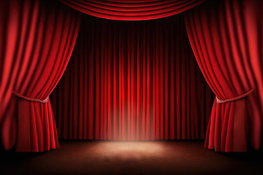 Spotlight on empty, drawn curtains on a red stage. Display the idea. a mockup. Generative AI