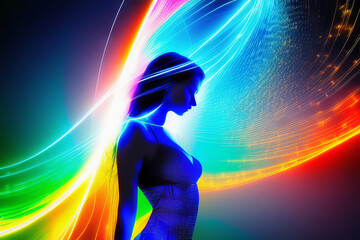 Silhouette Of A Woman in Blue Glow, Colorful Electric Lines Sweep Around Her Generative AI illustration