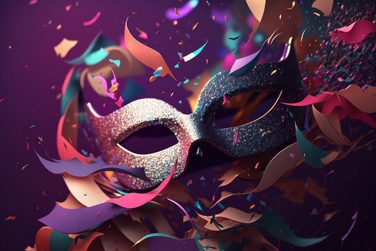 abstract background with brazilian carnival party theme, confetti, streamers, glitter, masks, creative IA	
