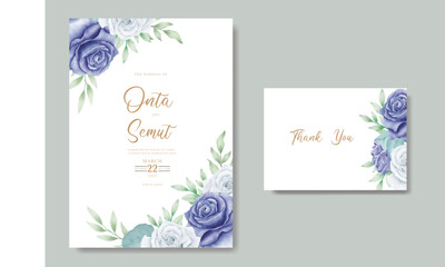 elegant watercolor floral wedding stationery with navy blue flower and leaves 