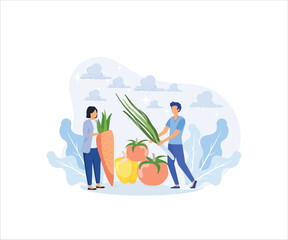Grocery vegetables illustration. Character buying online and putting in shopping basket or cart fresh vegetables and grocery items. Grocery food and healthy eating concept.flat vector modern illustrat