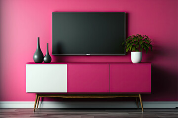 Cabinet for TV in modern living room on viva magenta wall background. Generative AI