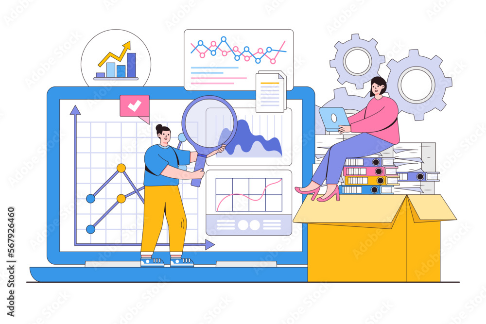 Poster flat digital data analysis concept. people characters working with data visualization, analyzing tab