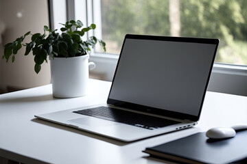 Photo of computer laptop with white blank screen putting on the modern working table with blurred comfortable office as background. Void screen for advertise concept. Generative AI
