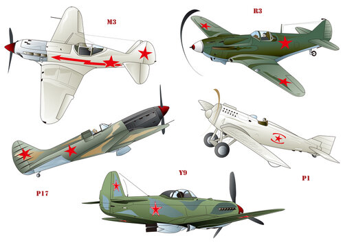 5 types of Russian single engine propeller war fighter illustration.