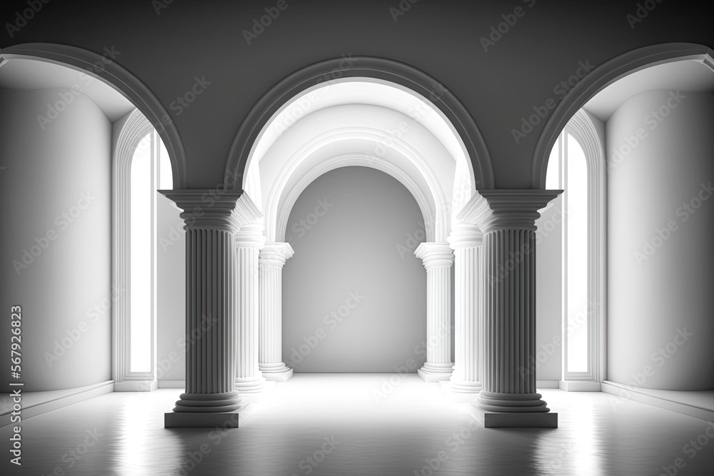 Poster arch columns illuminated from within in an empty room. generative ai