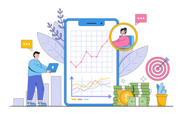 Online financial advisor service with smartphone concept. Finance and innovative mobile technology. Outline design style minimal vector illustration for landing page, web banner, infographics