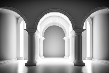 Fototapeta na wymiar Arch columns illuminated from within in an empty room. Generative AI