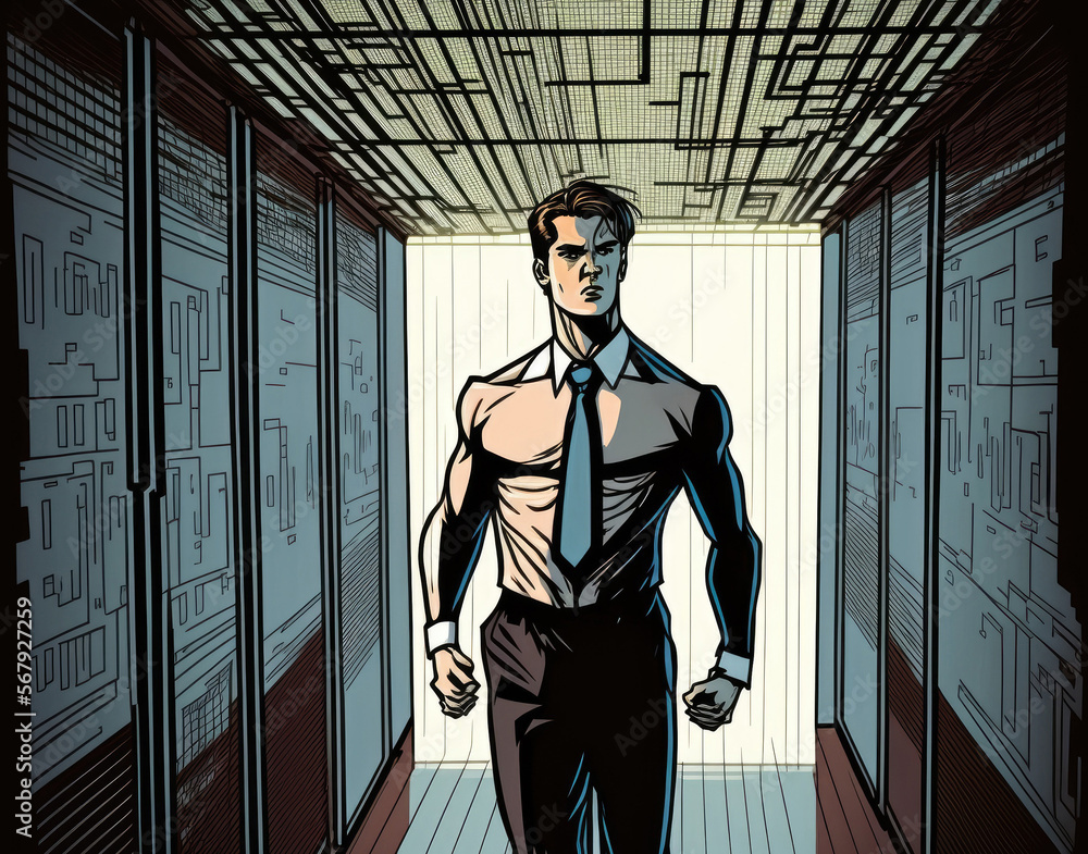Poster businessman morphing into a wireframe with a background of a server room. generative ai