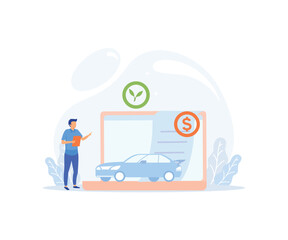 Sustainability illustration. Characters calculating and paying electricity, utilities and household invoice bills. Home finances management and sustainable housing concept.flat vector modern illustrat
