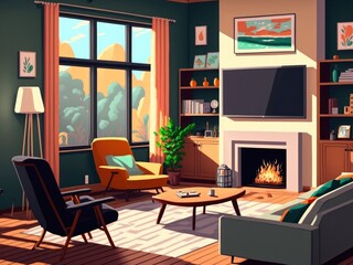 Fototapeta premium Interior of living room with comfortable and colored armchairs and sofa under window against fireplace and tv in contemporary apartment. Generative AI