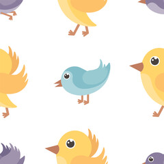 Cartoon birds. Seamless pattern with the image of cute birds in blue, purple and yellow colors. Children s pattern for printing and gift wrapping. Vector illustration