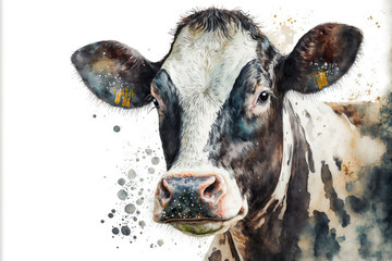 watercolor painting of a cow, isolated on white. Generative AI