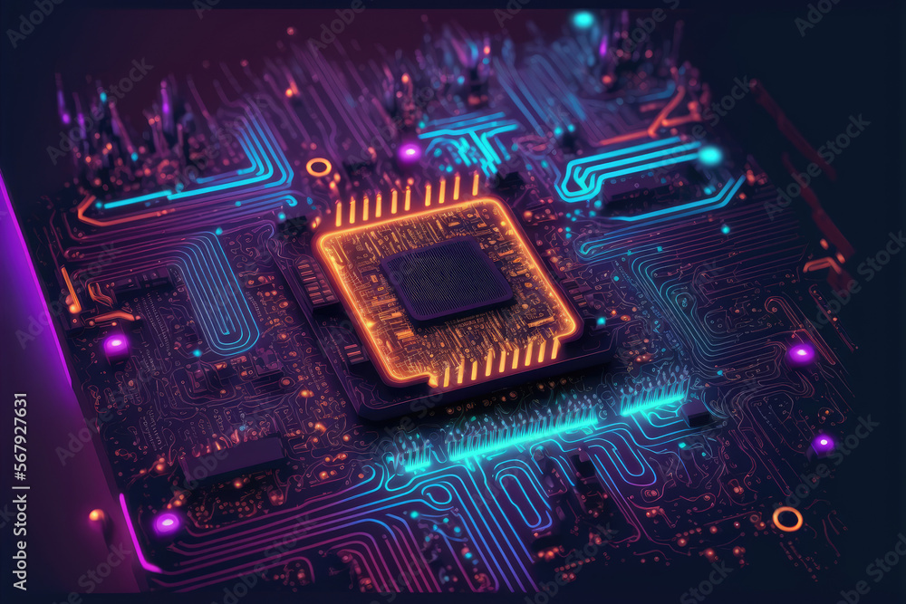 Poster computer microchip semiconductor on motherboard futuristic cyber neon lighting. peculiar ai generati