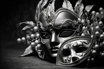 Mardi Gras background with copy space, masks, and beads. Black and white carnival mask. Generative AI