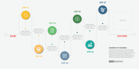 timeline diagram modern Infographic template for business. 7 Steps modern Circle Timeline diagram presentation vector infographic.	