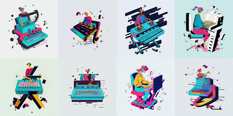 Collection of 8 illustrations of a female typist character, minimal flat vector style made with Generative AI

