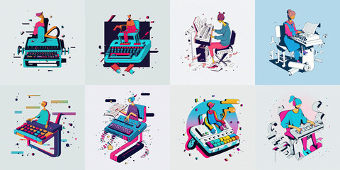 Collection of 8 illustrations of a female typist character, minimal flat vector style made with Generative AI
 - obrazy, fototapety, plakaty