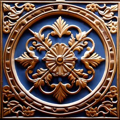 Fototapeta na wymiar Ornate blue and gold engraved tile with leaf patterns in a circle