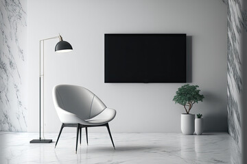 A depiction of a Smart TV mounted on a stunning white marble wall. a comfortable armchair with a shelf and lamp. minimalist interior design for the living room. Interior design in white. Generative AI
