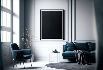 image made using artificial intelligence and afterwards edited, showing a frame mockup on an interior room;. Generative AI