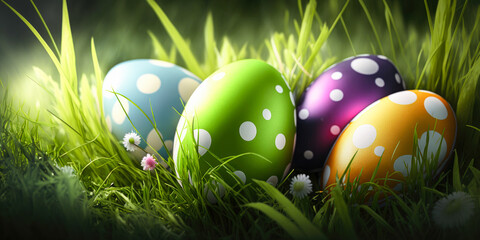 easter eggs in the grass banner - illustration - Generative AI