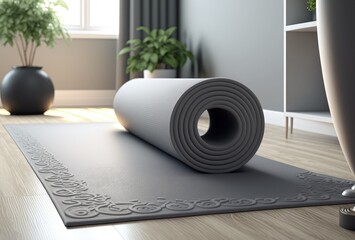 Grey yoga mat on floor in spacious room. Generative AI