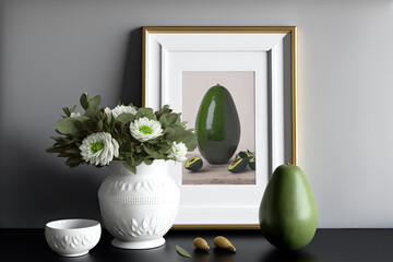 Avocado in pot, photo frame, bouquet in vase on white dresser. Generative AI