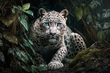 A leopard is lurking behind the leaves. Generative AI. Lovely leopard wallpaper.