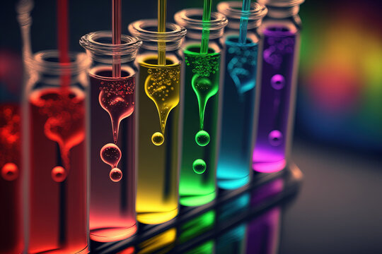 Close up of liquid medicine in test tubes in the colors red, pink, green, orange, and blue in a modern laboratory setting on a chemical table. Chemistry education and medical science research ideas